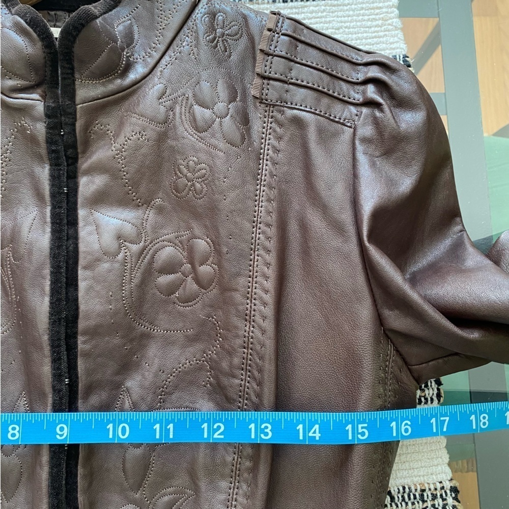Elie Tahari Brown Floral Embroidered Embellished Leather Moto Jacket - Picture 11 of 16